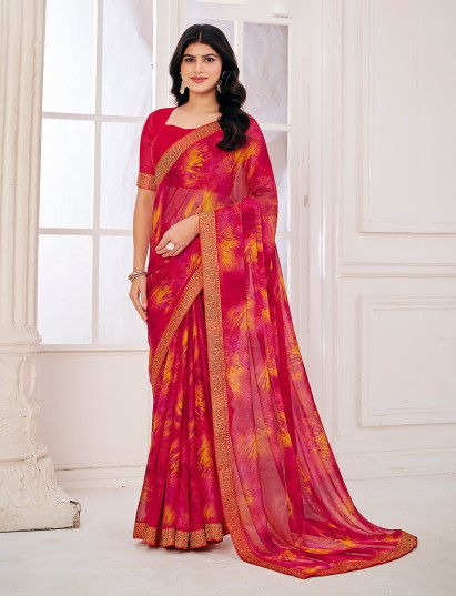 Pink elegant printed georgette saree with zari work