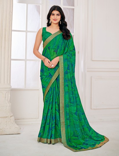 Green printed zari work georgette saree for festive wear