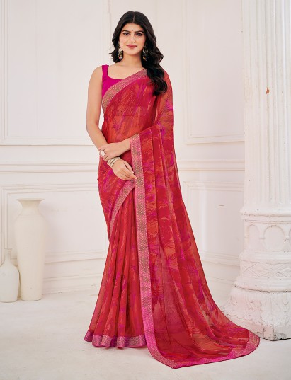 Red printed zari work georgette saree