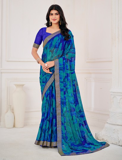 Blue traditional printed georgette saree with zari work