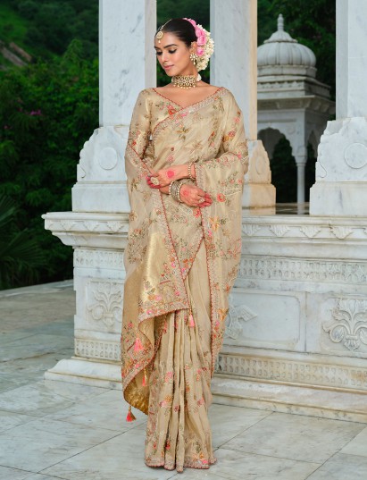 Beige khatli work designer silk saree