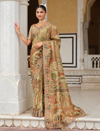 Mehendi green printed khatli silk saree