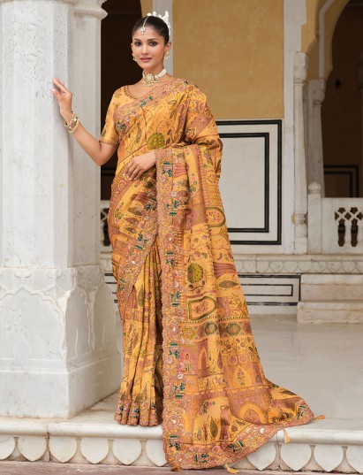 Mustard yellow printed khatli silk saree