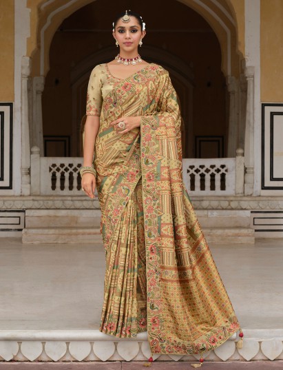 Light green printed khatli stonework silk saree