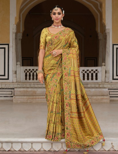 Olive printed khatli stone embellished saree