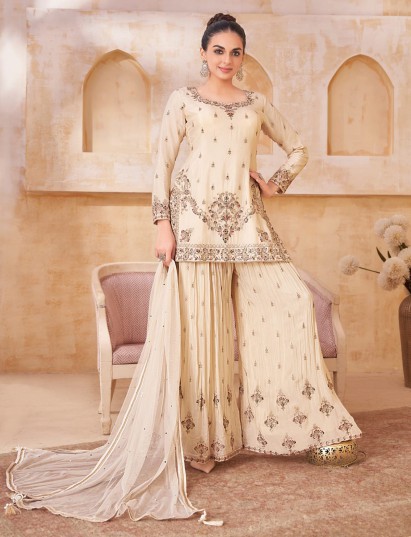 Cream silk embroidered palazzo suit