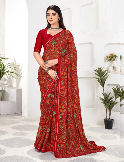 Maroon printed zari work georgette saree