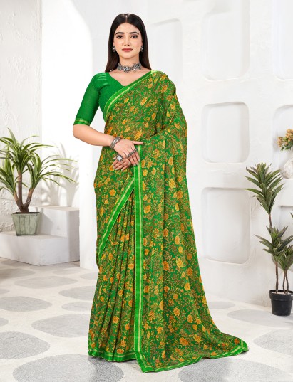 Green zari work printed georgette saree