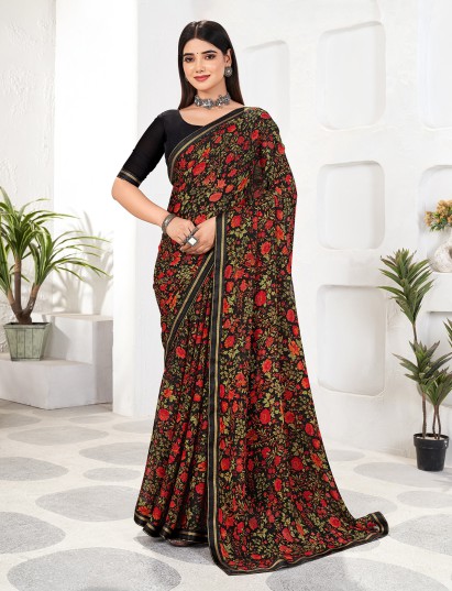 Black zari work georgette saree with print
