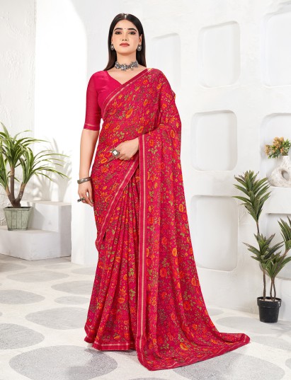 Pink printed georgette saree with zari work