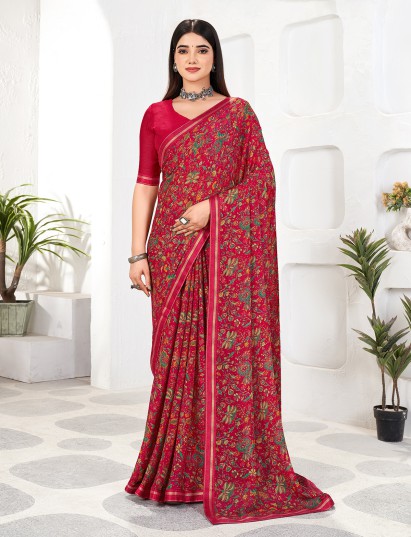 Pink zari work printed georgette saree