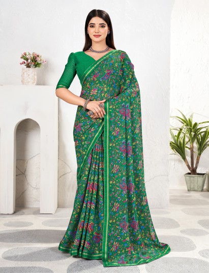 Green zari work georgette saree with print