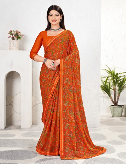 Orange printed georgette saree with zari detailing