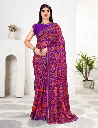 Purple printed zari work georgette saree