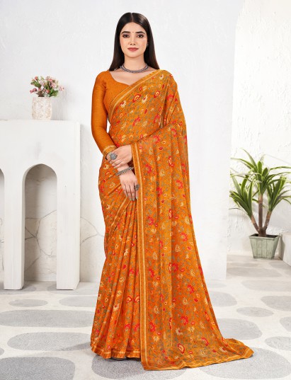 Mustard printed zari work georgette saree