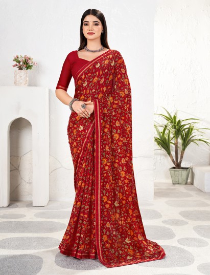 Maroon zari work georgette saree with print