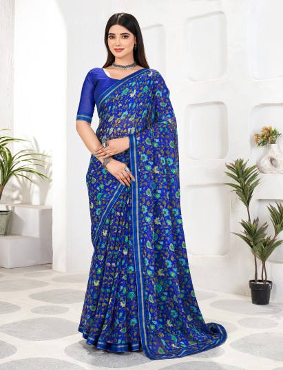 Blue zari work georgette saree with print