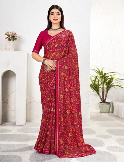 Pink printed georgette saree with zari shine