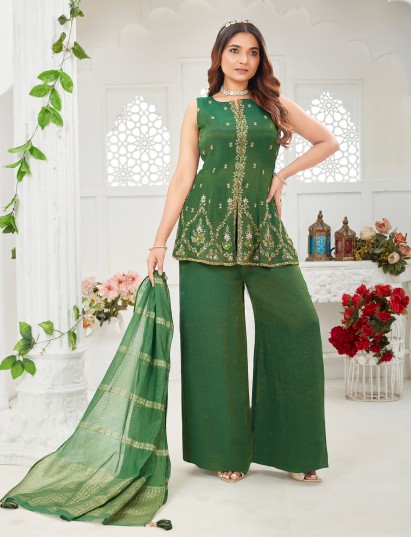 Pastel green embellished punjabi silk palazzo suit