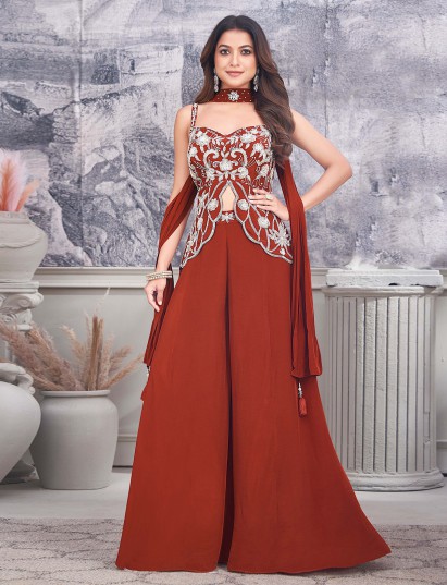 Brown designer silk palazzo suit with dupatta