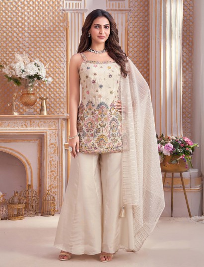 Cream square neck punjabi silk palazzo suit