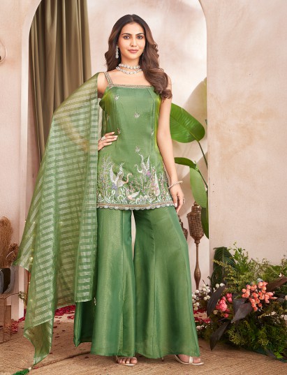 Pastel green punjabi style silk palazzo suit