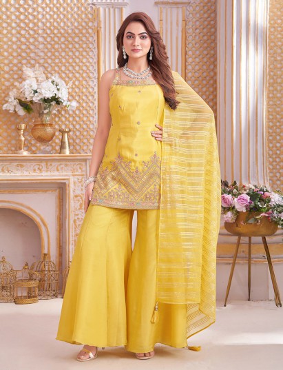 Yellow haldi special punjabi silk palazzo suit