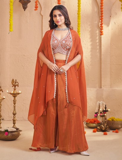 Orange designer silk palazzo suit with shrug