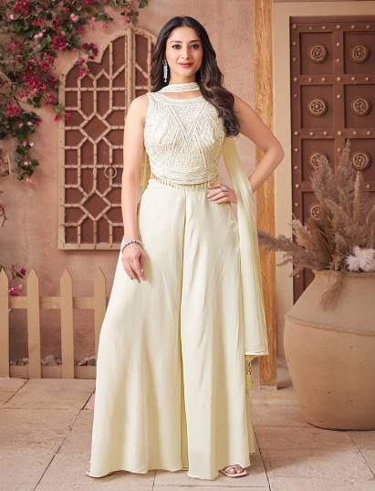 Cream boat neck embellished silk palazzo suit