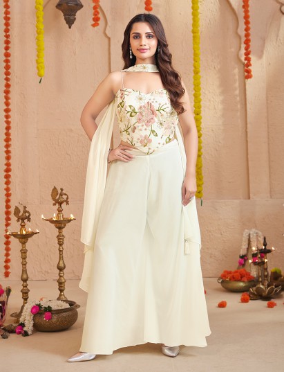 Cream satin silk sweetheart neck palazzo suit