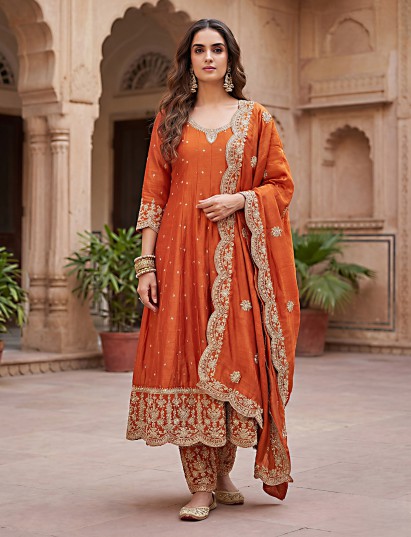 Orange pakistani anarkali style silk salwar suit