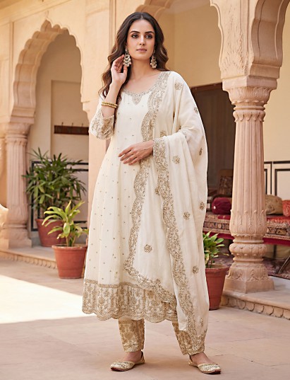 Cream pakistani anarkali style silk salwar suit