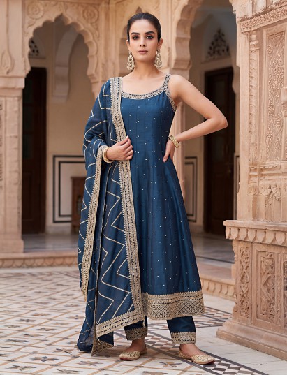 Rama blue embellished silk salwar suit with dupatta
