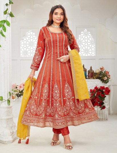 Orange anarkali pakistani style silk salwar suit