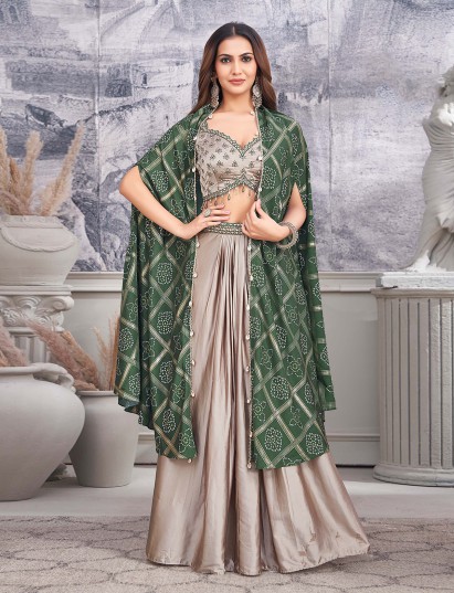 Beige satin silk lehenga choli with printed shrug