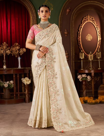 Cream soft silk stone work festive saree