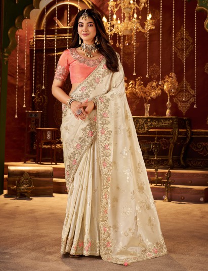 Cream soft silk zardosi work wedding saree