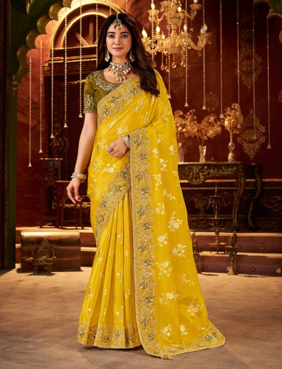 Mustard yellow festive wear saree in soft silk