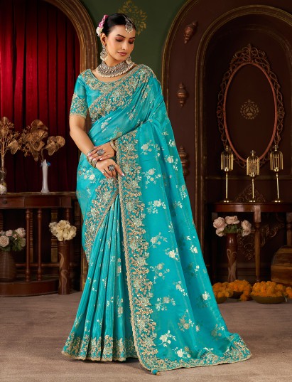 Aqua blue soft silk zardosi worked saree
