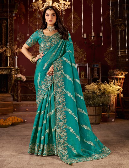 Rama blue soft silk zardosi embroidered saree