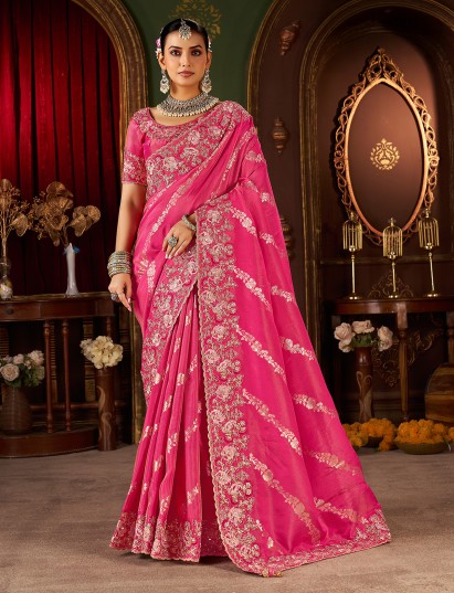 Pink soft silk zardosi work festive saree