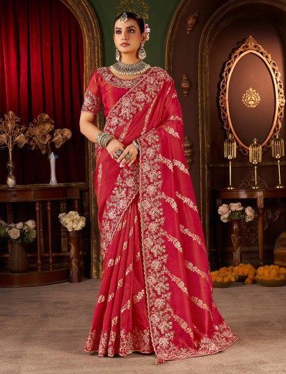 Red soft silk zardosi embroidered wedding saree