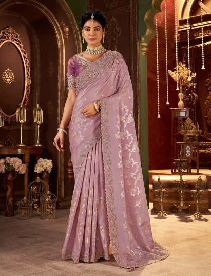 Lilac purple soft silk zardosi work saree