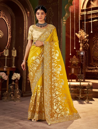 Mustard yellow soft silk embroidered festive saree