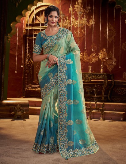 Shaded pista green blue soft silk saree
