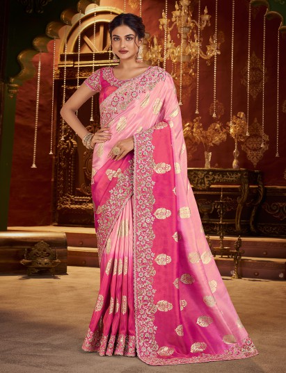 Shaded pink soft silk embroidered saree