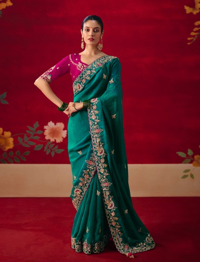 Rama green tissue organza embroidered wedding saree