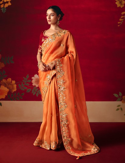 Orange tissue organza embroidered festive wear saree