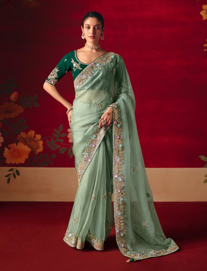 Sage green tissue organza embroidered occasion saree