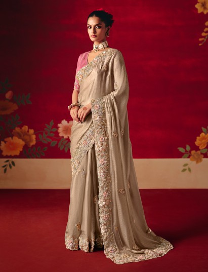 Beige tissue organza embroidered wedding wear saree